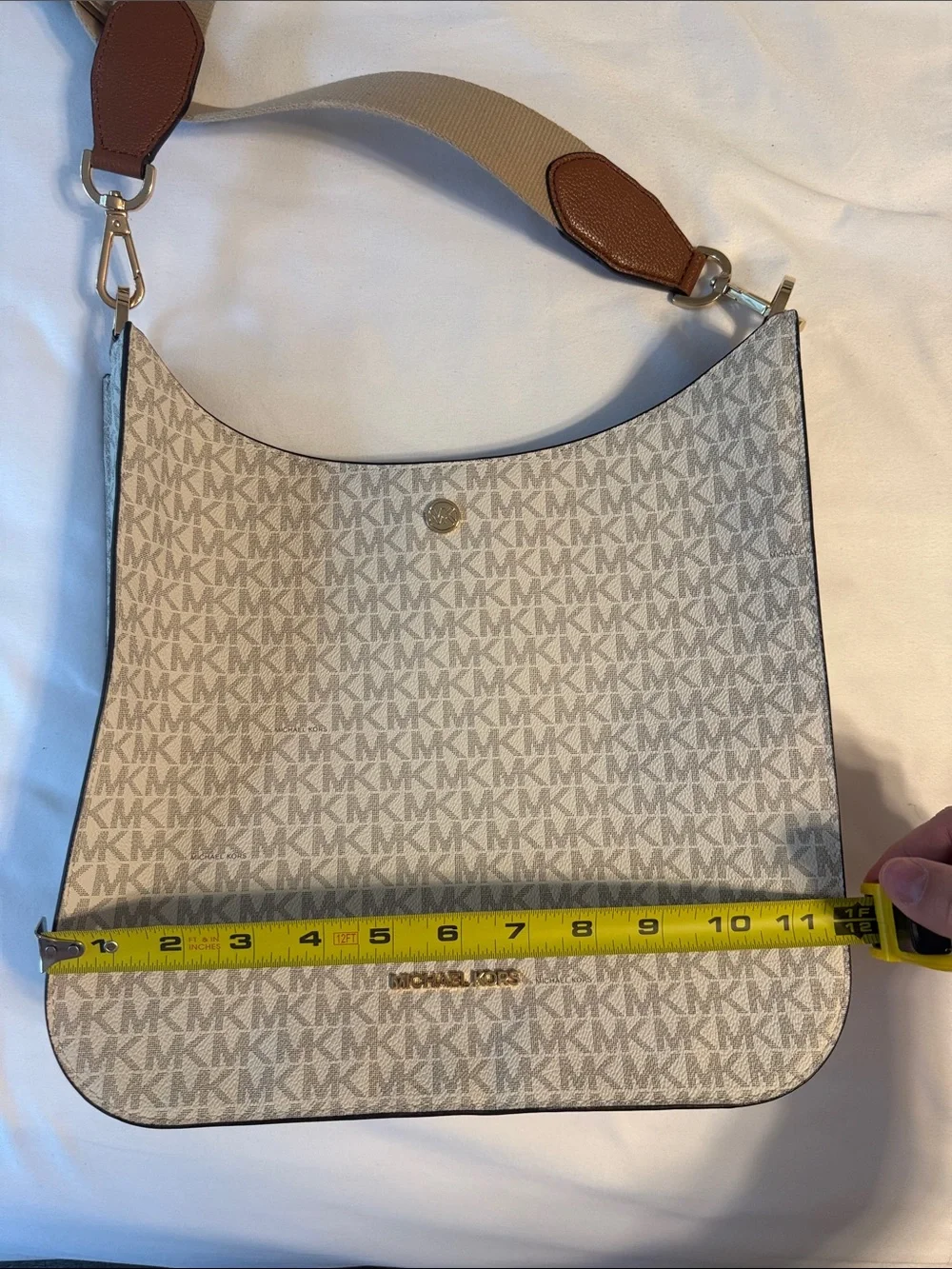 Michael Kors Cream and Brown MK Logo Crossbody Bag with Adjustable Strap
